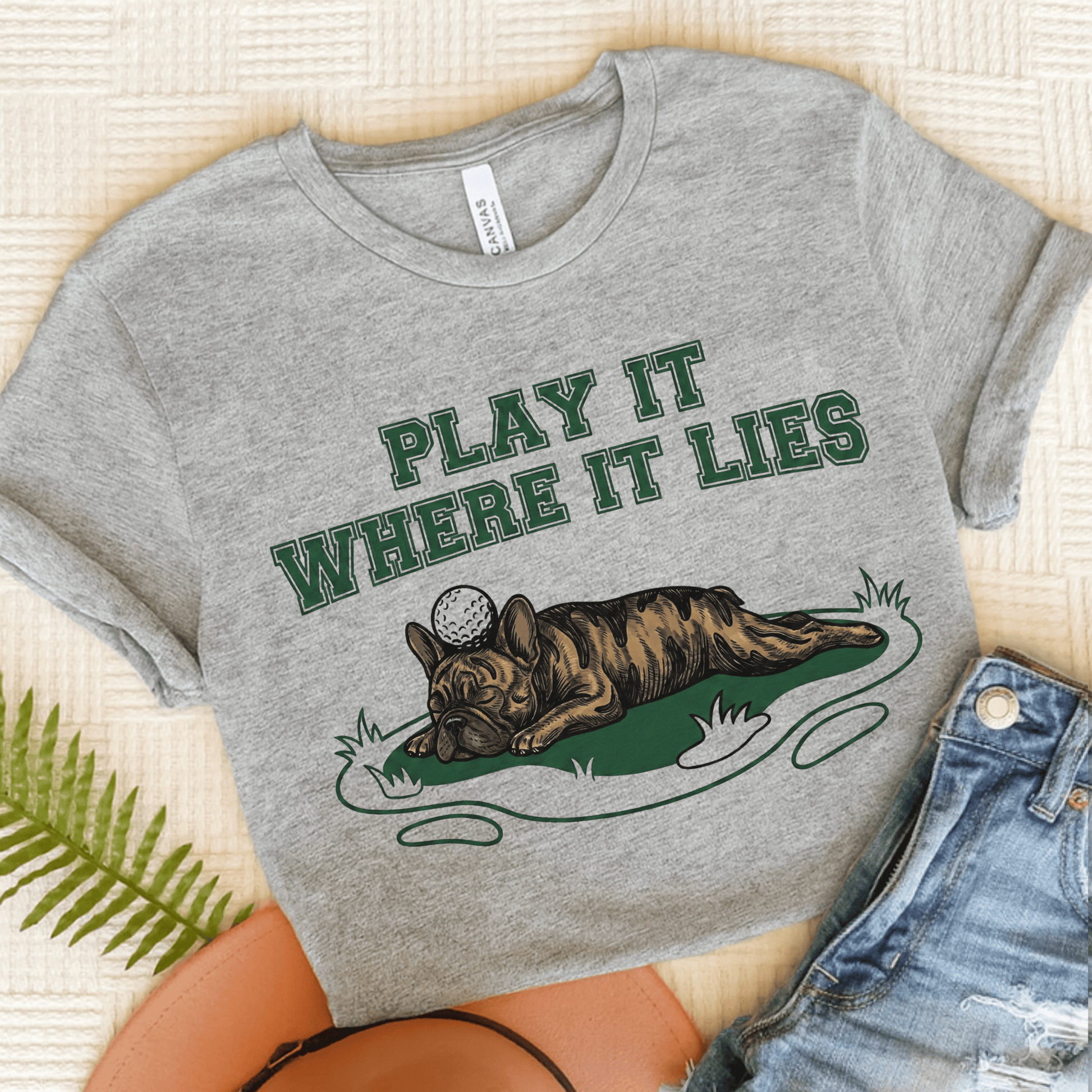Brindle Frenchie Golf Where it Lies Unisex TShirt Athletic Heather