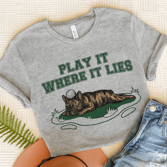 Brindle Frenchie Golf Where it Lies Unisex TShirt Athletic Heather