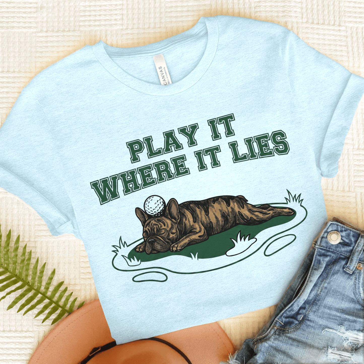 Brindle Frenchie Golf Where it Lies Unisex TShirt Heather Ice Blue