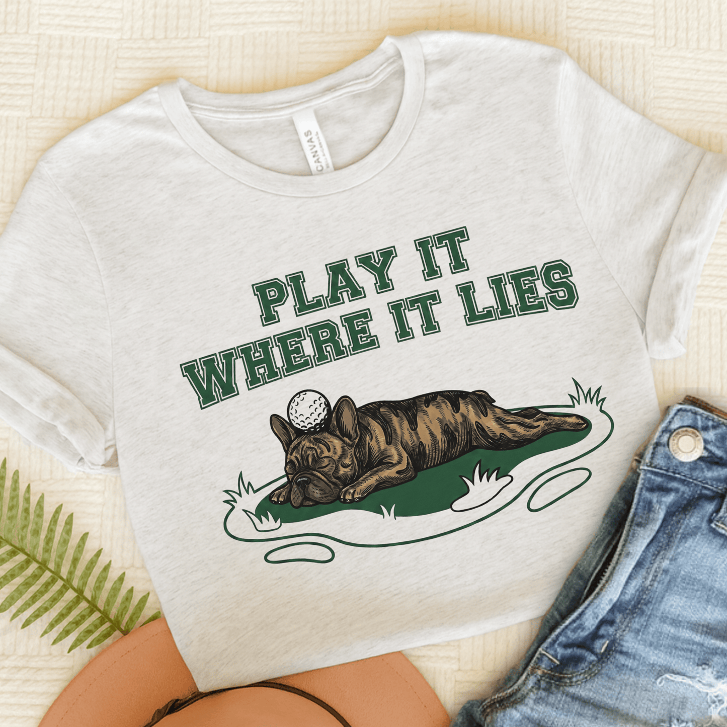 Brindle Frenchie Golf Where it Lies Unisex TShirt Ash