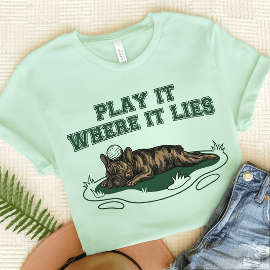 Brindle Frenchie Golf Where it Lies Unisex TShirt Heather Mint