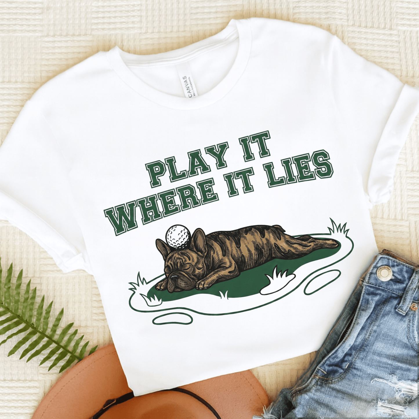 Brindle Frenchie Golf Where it Lies Unisex TShirt White