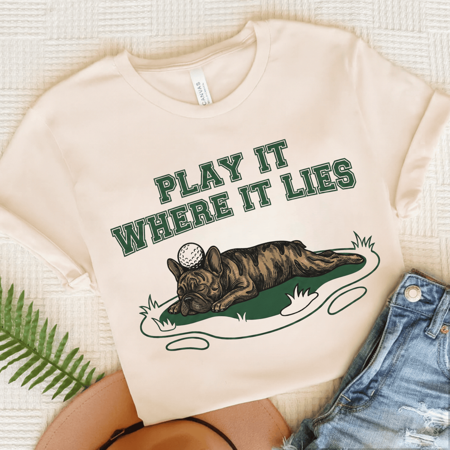 Brindle Frenchie Golf Where it Lies Unisex TShirt Natural