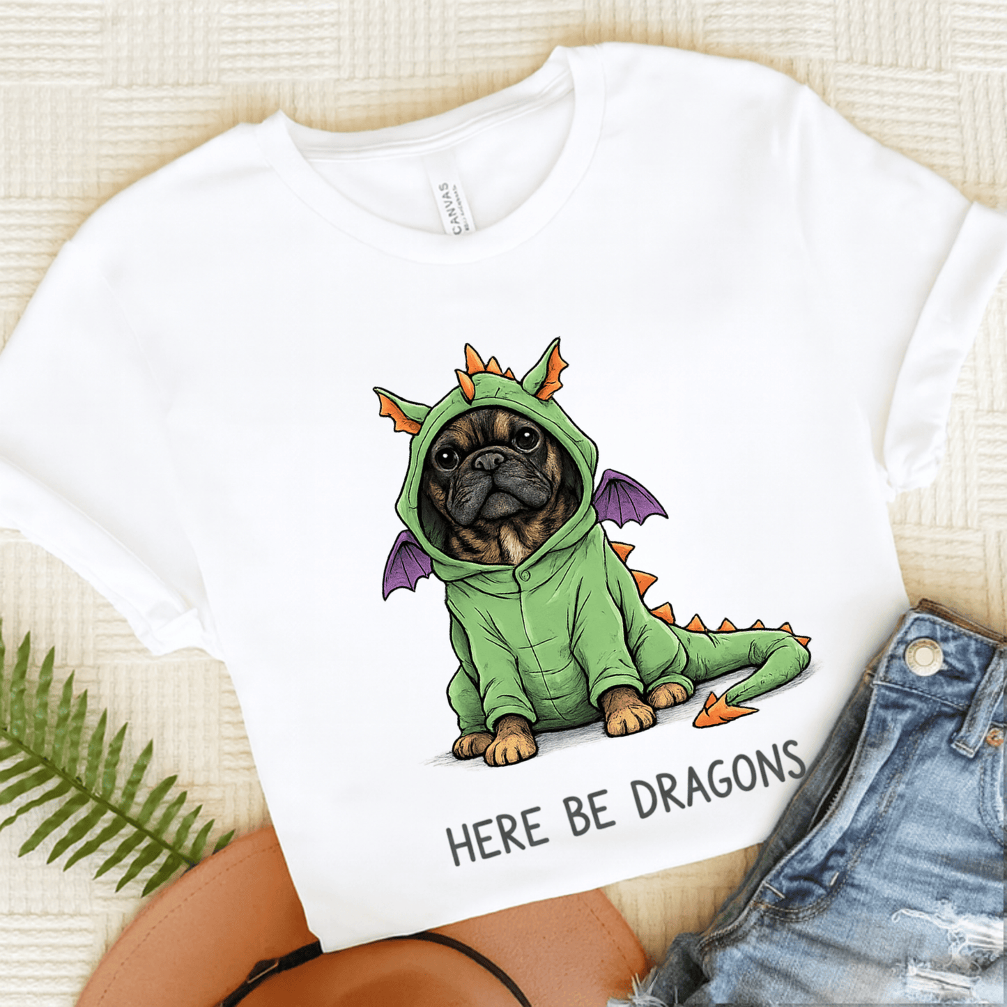 Brindle Frenchie Here Be Dragons Funny Unisex TShirt White
