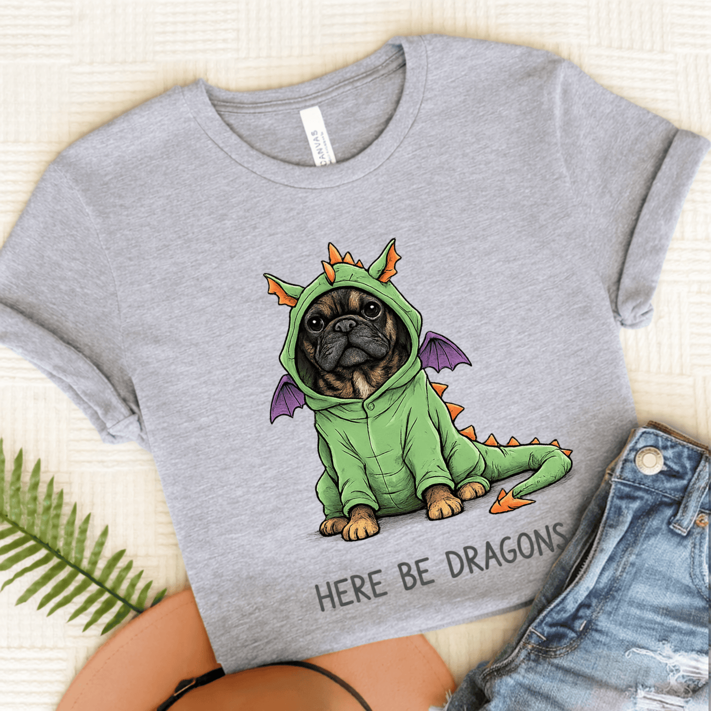 Brindle Frenchie Here Be Dragons Funny Unisex TShirt Sport Grey