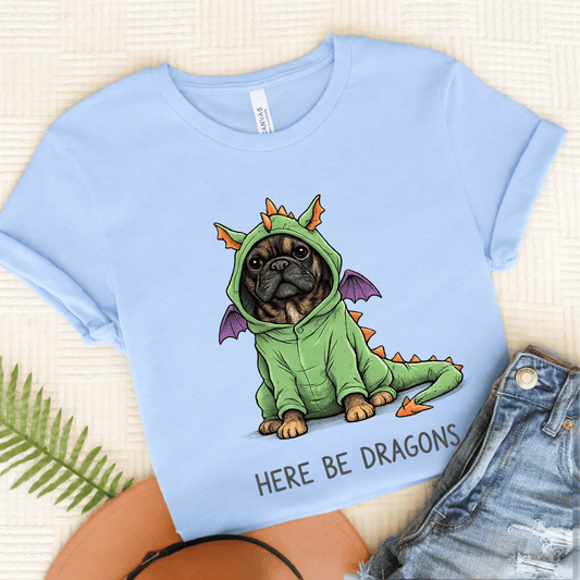 Brindle Frenchie Here Be Dragons Funny Unisex TShirt Light Blue