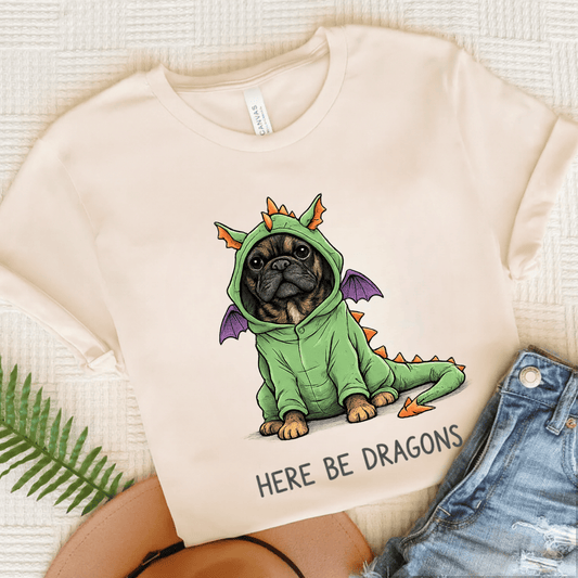 Brindle Frenchie Here Be Dragons Funny Unisex TShirt Natural