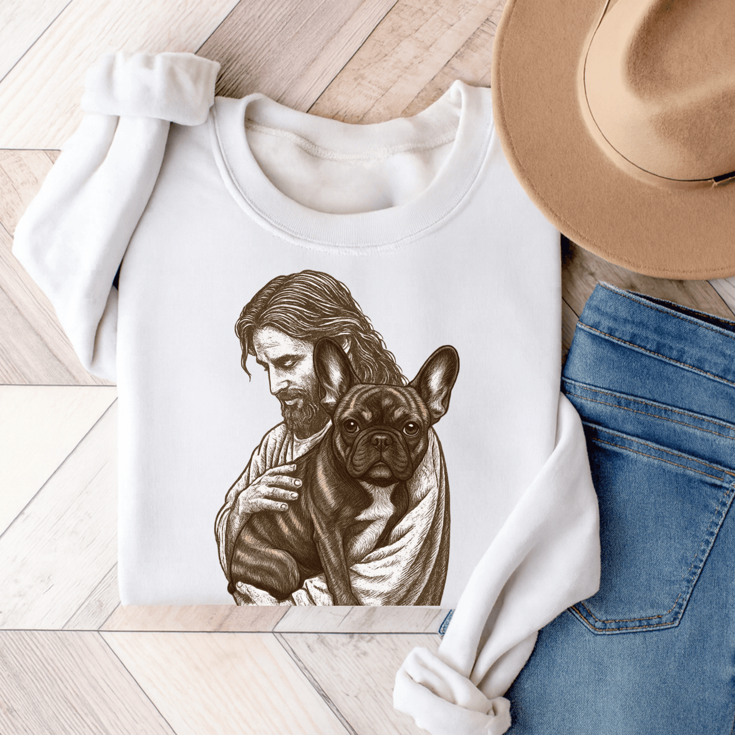 Brindle Frenchie Jesus Sweatshirt White