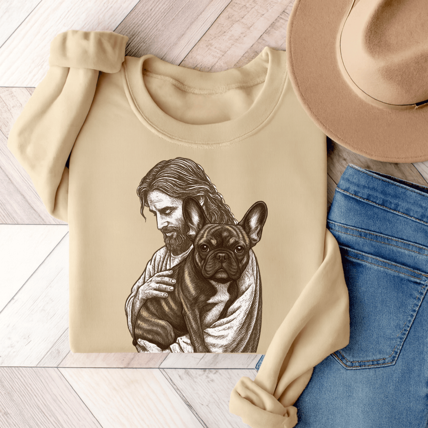 Brindle Frenchie Jesus Sweatshirt Sand