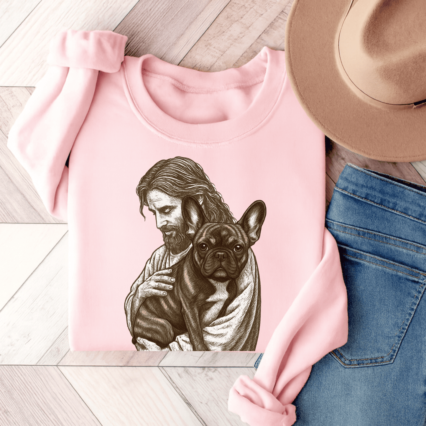 Brindle Frenchie Jesus Sweatshirt Light Pink