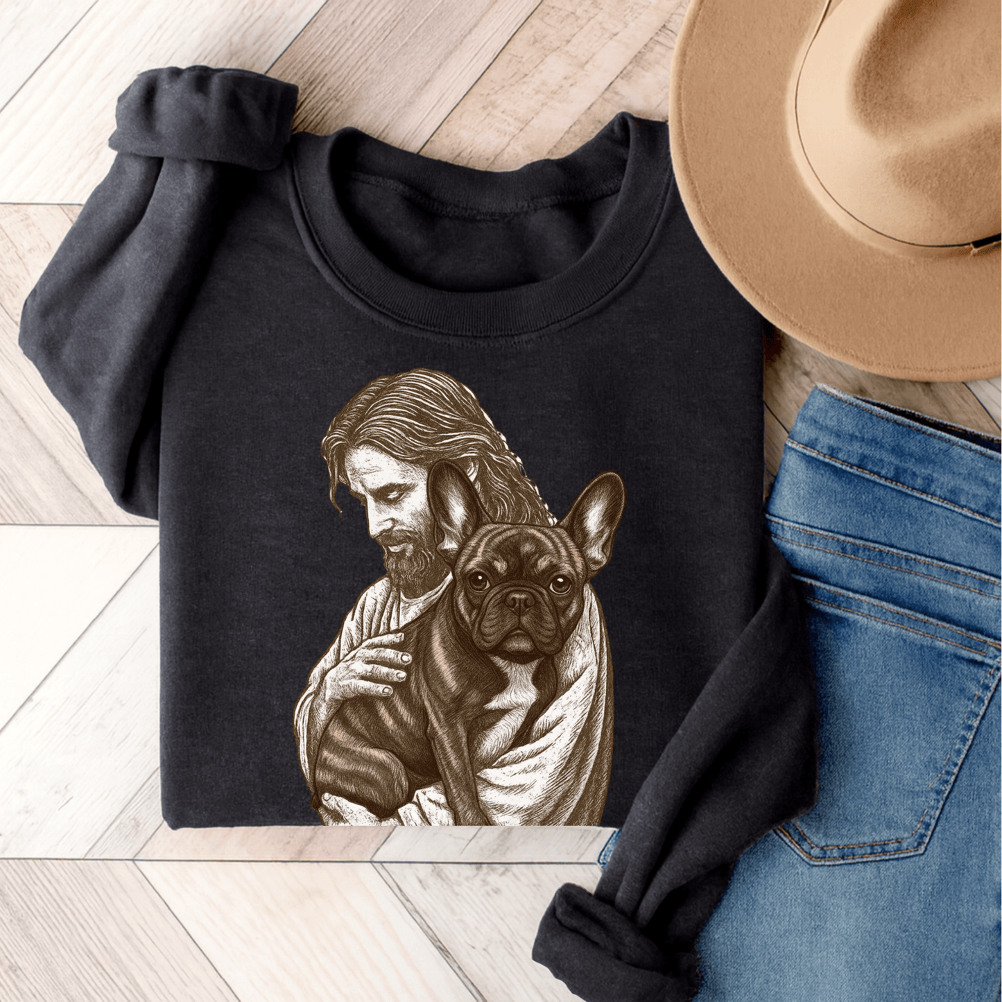 Brindle Frenchie Jesus Sweatshirt Dark Heather