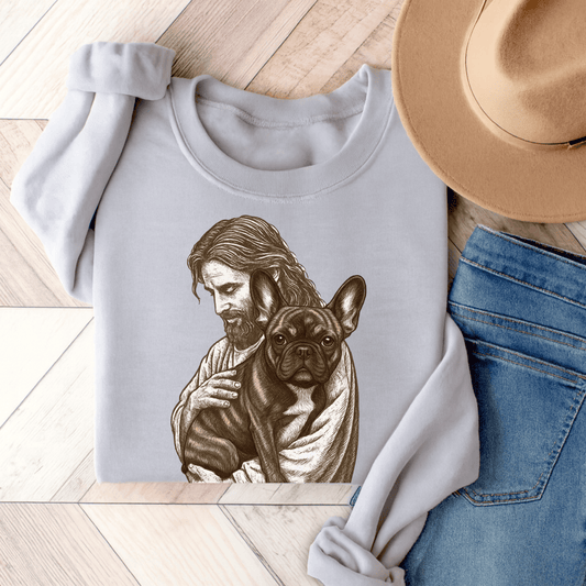 Brindle Frenchie Jesus Sweatshirt Ash