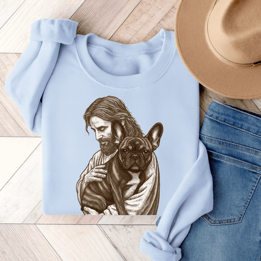 Brindle Frenchie Jesus Sweatshirt Light Blue