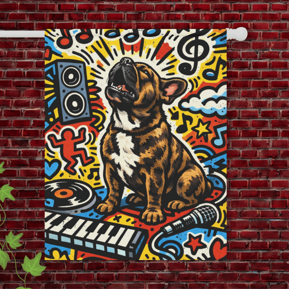 Brindle Frenchie Music Lover Garden Flag 24.5'' × 32''
