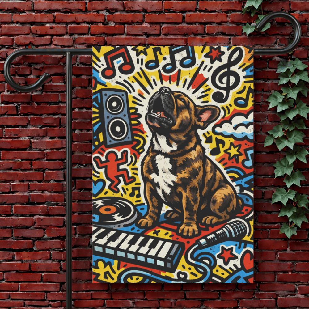 Brindle Frenchie Music Lover Garden Flag 12'' × 18''