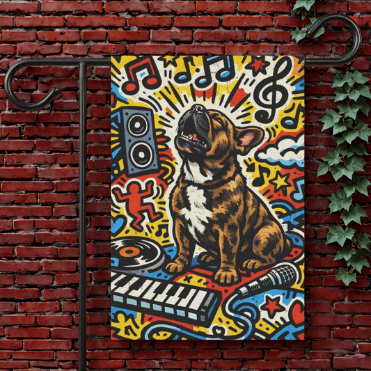 Brindle Frenchie Music Lover Garden Flag 12'' × 18''