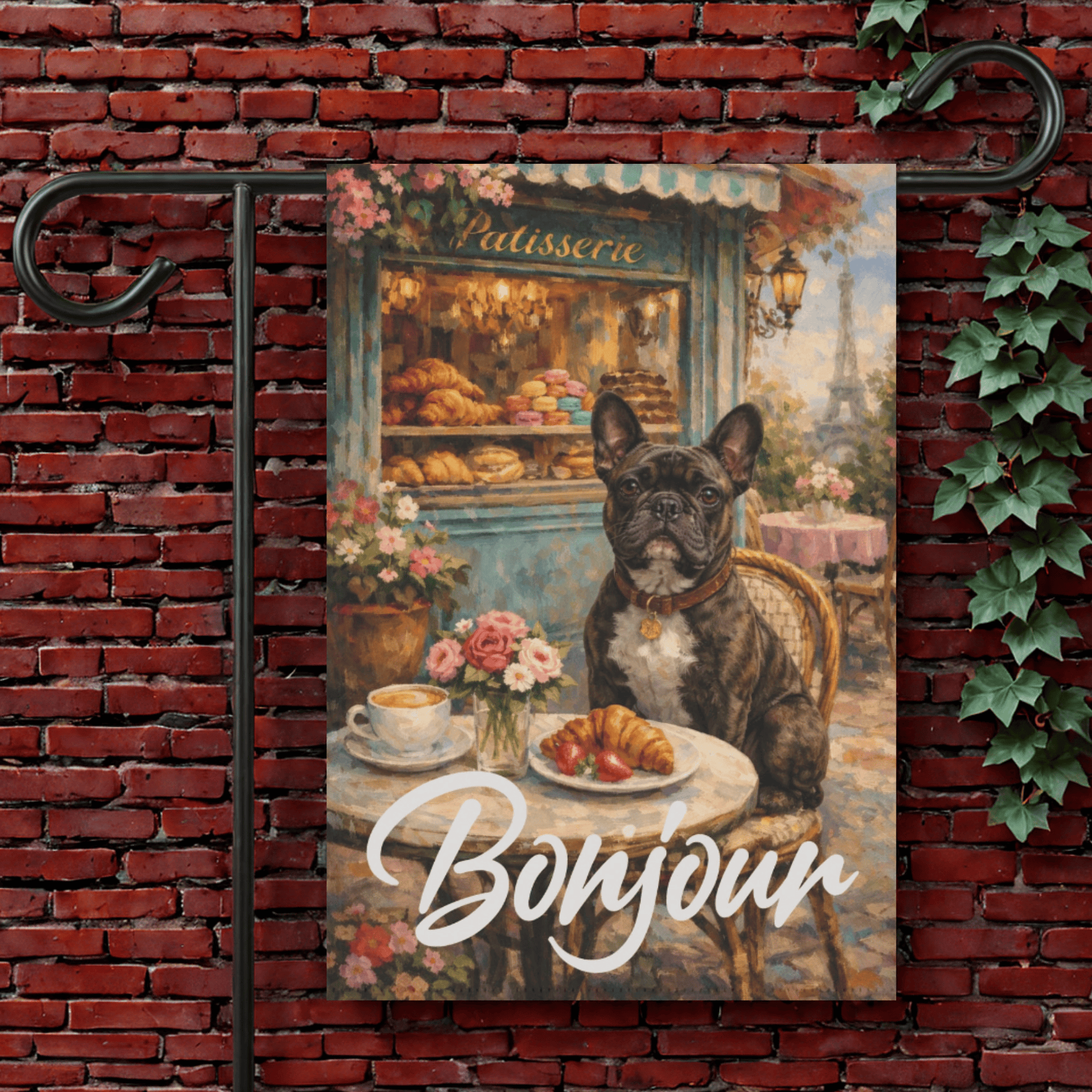 Brindle Frenchie Paris France Pastries Garden Flag 12'' × 18''