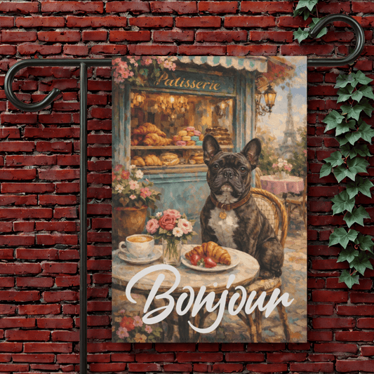 Brindle Frenchie Paris France Pastries Garden Flag 12'' × 18''