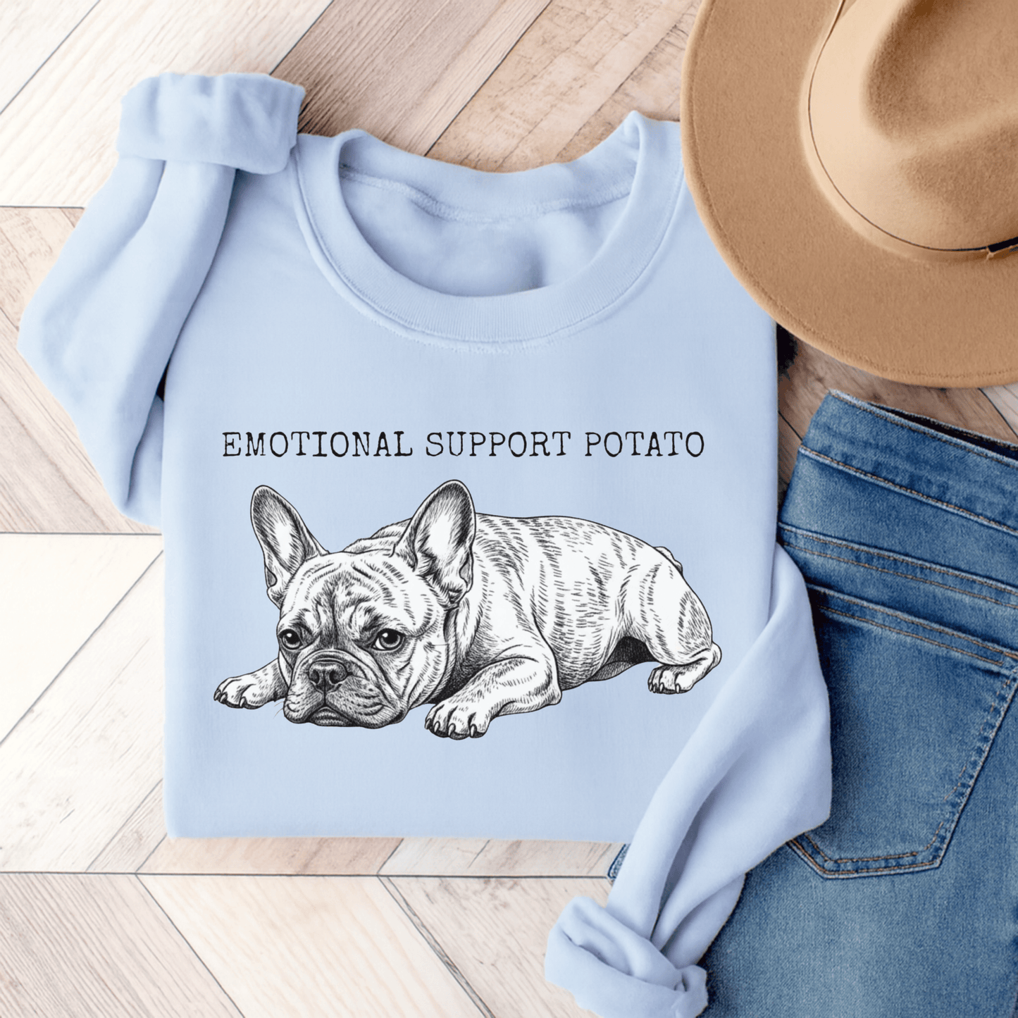 Brindle Frenchie Potato Unisex Sweatshirt Light Blue