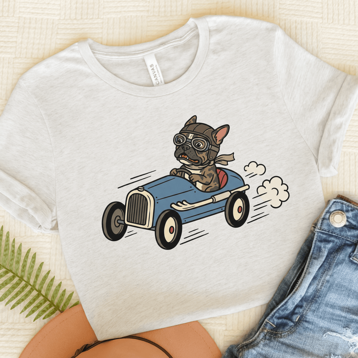Brindle Frenchie Race Car Driver Unisex TShirt Ash