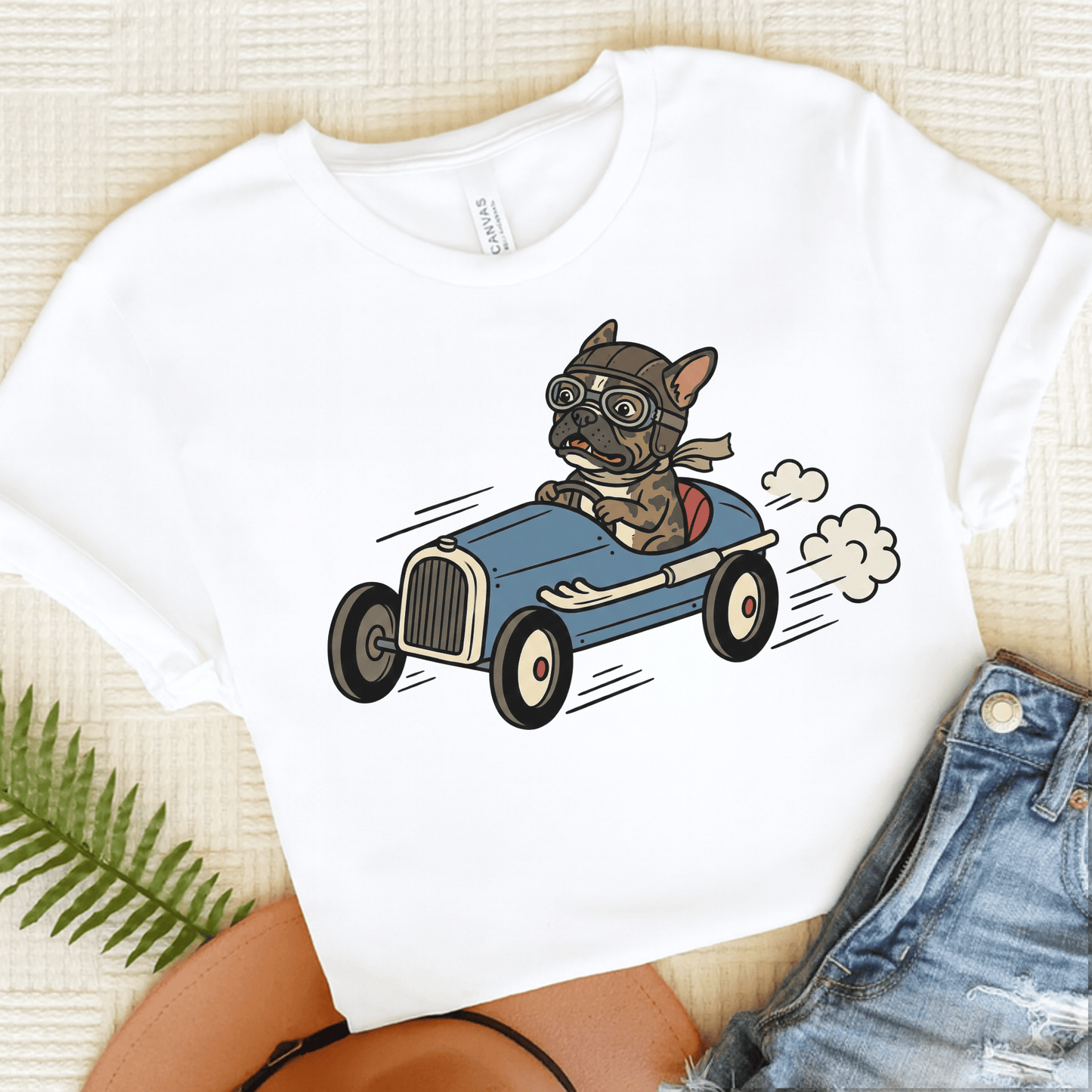 Brindle Frenchie Race Car Driver Unisex TShirt White