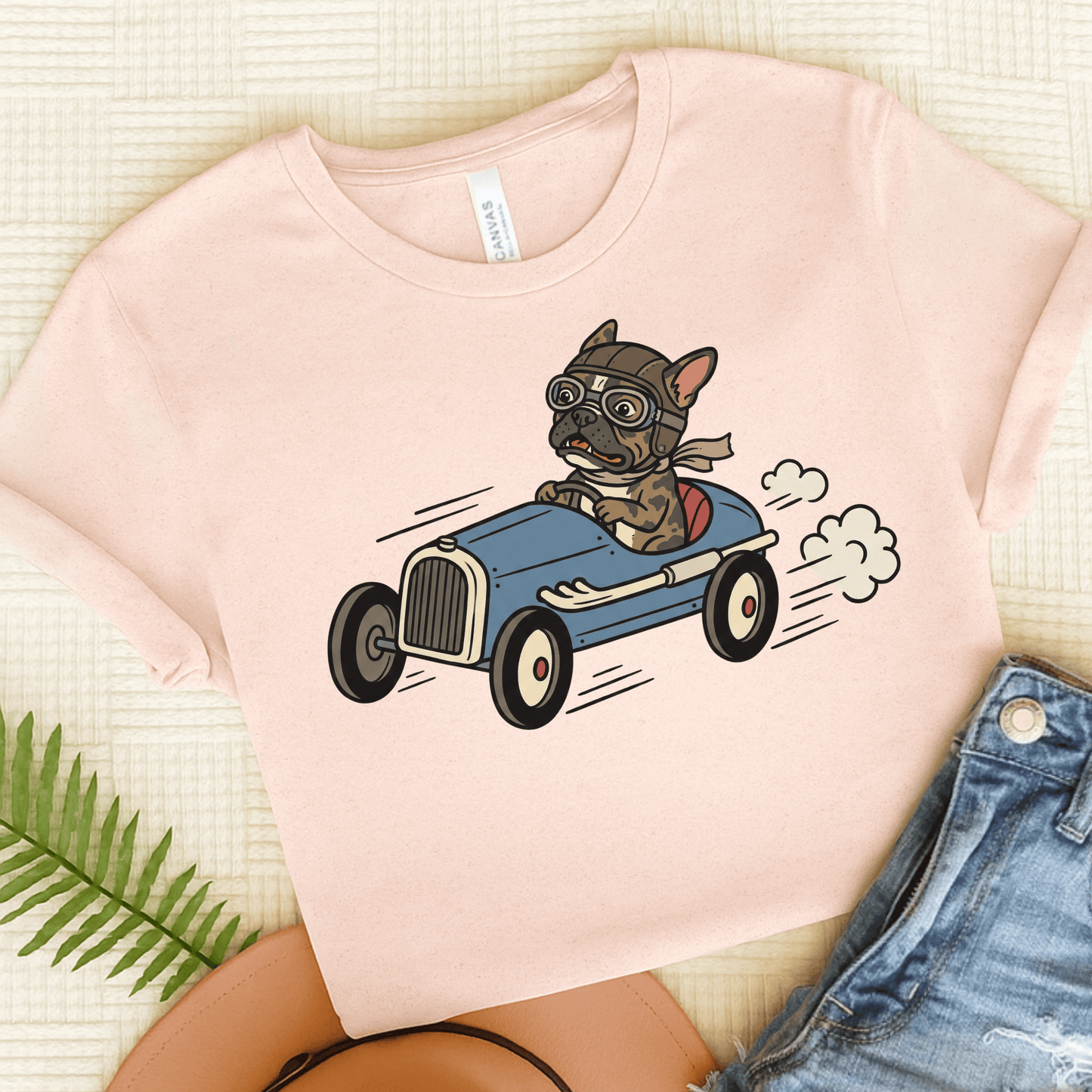 Brindle Frenchie Race Car Driver Unisex TShirt Soft Pink
