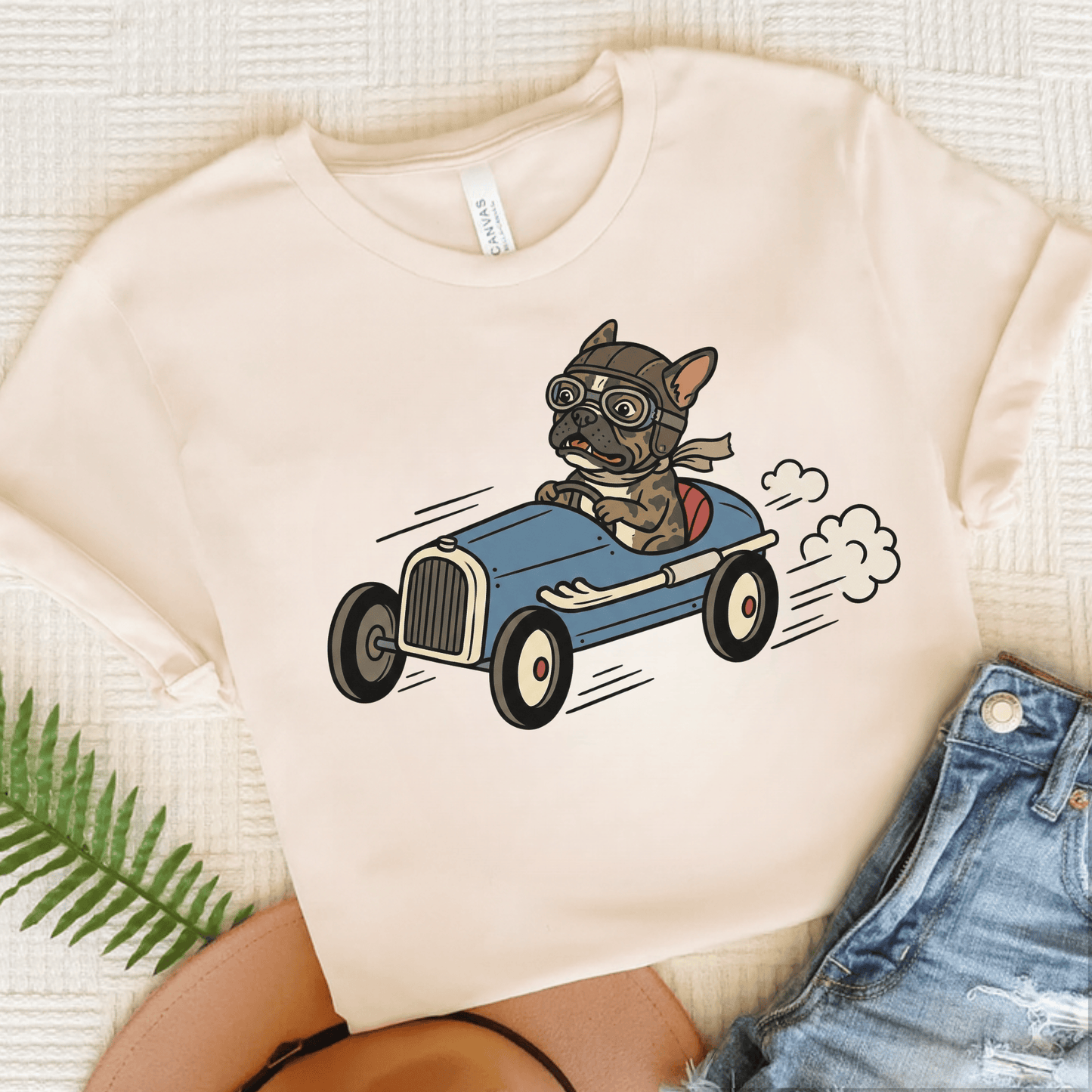 Brindle Frenchie Race Car Driver Unisex TShirt Natural