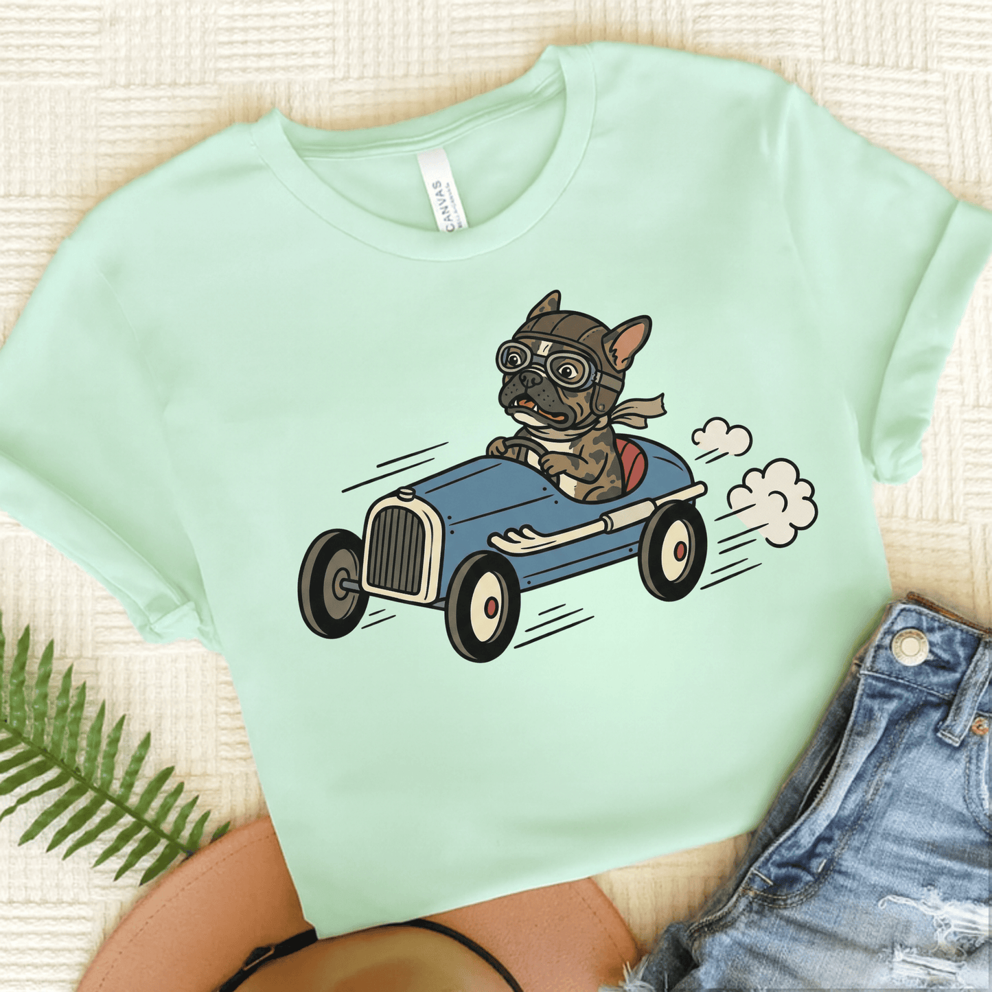 Brindle Frenchie Race Car Driver Unisex TShirt Heather Mint