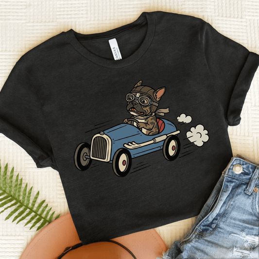 Brindle Frenchie Race Car Driver Unisex TShirt Dark Grey Heather