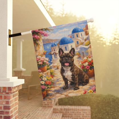 Brindle Frenchie Santorini Greece Garden Flag