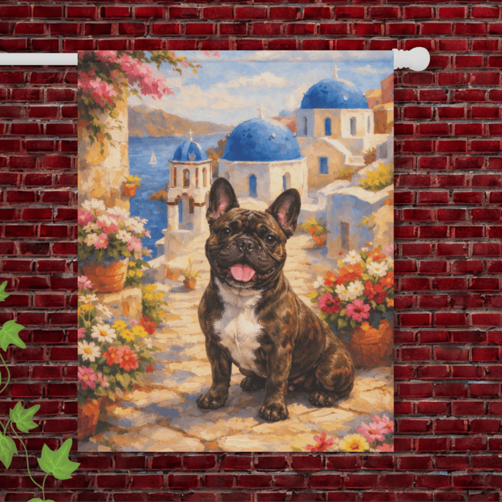 Brindle Frenchie Santorini Greece Garden Flag 24.5'' × 32''