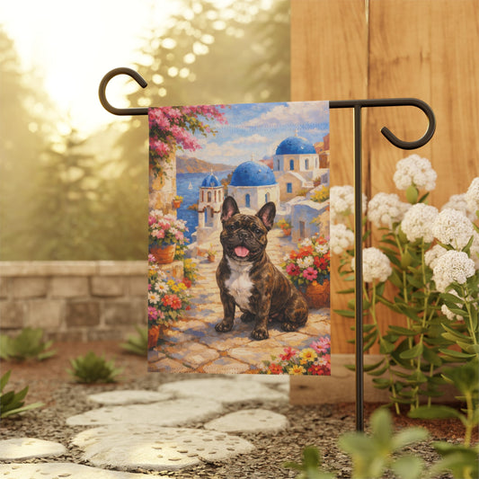 Brindle Frenchie Santorini Greece Garden Flag