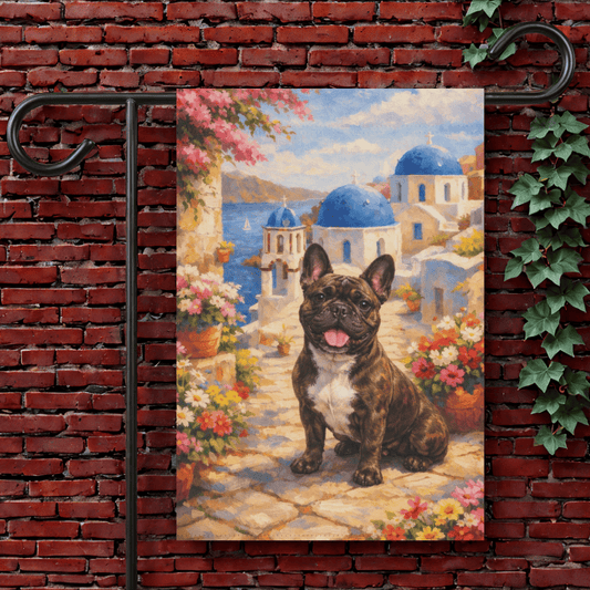 Brindle Frenchie Santorini Greece Garden Flag 12'' × 18''