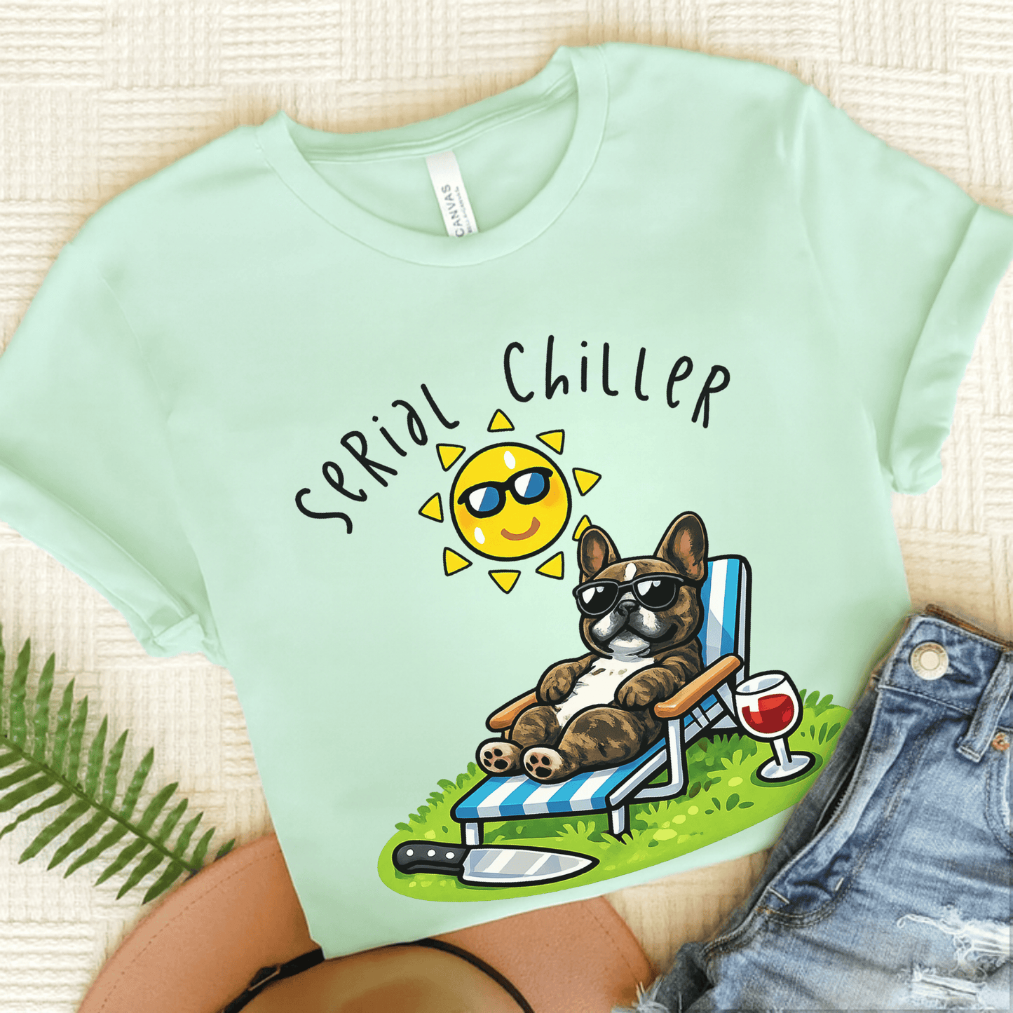 Brindle Frenchie Serial Chiller Unisex TShirt Heather Mint