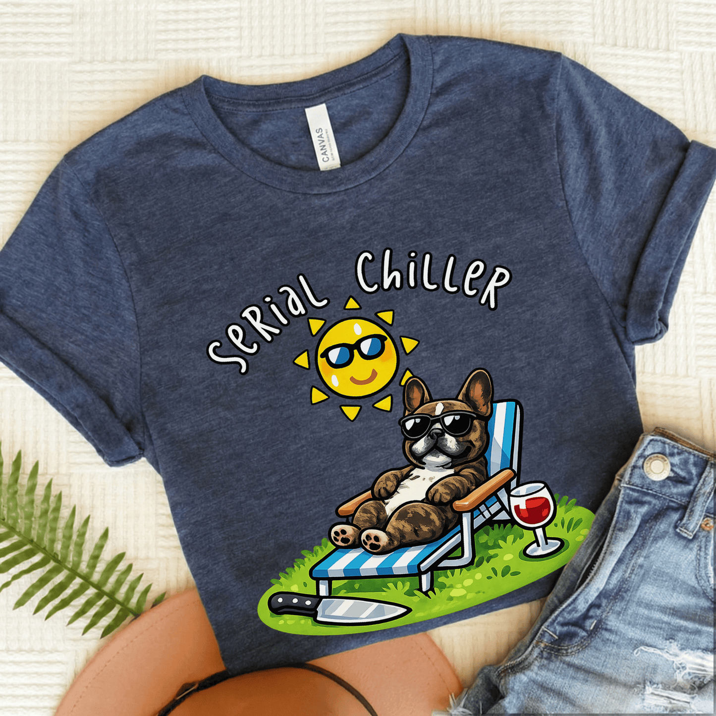 Brindle Frenchie Serial Chiller Unisex TShirt Heather Navy