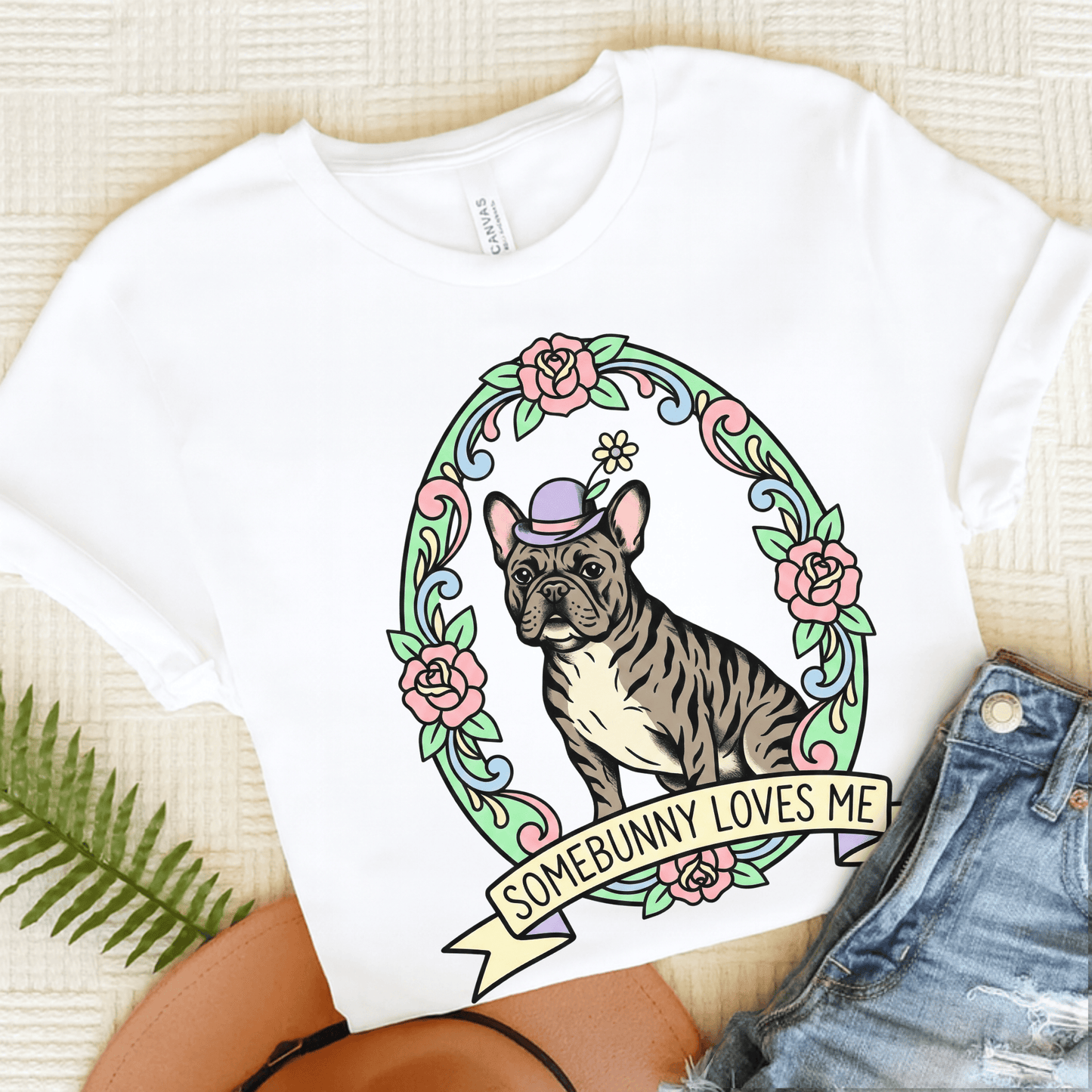 Brindle Frenchie Somebunny Easter Unisex TShirt White