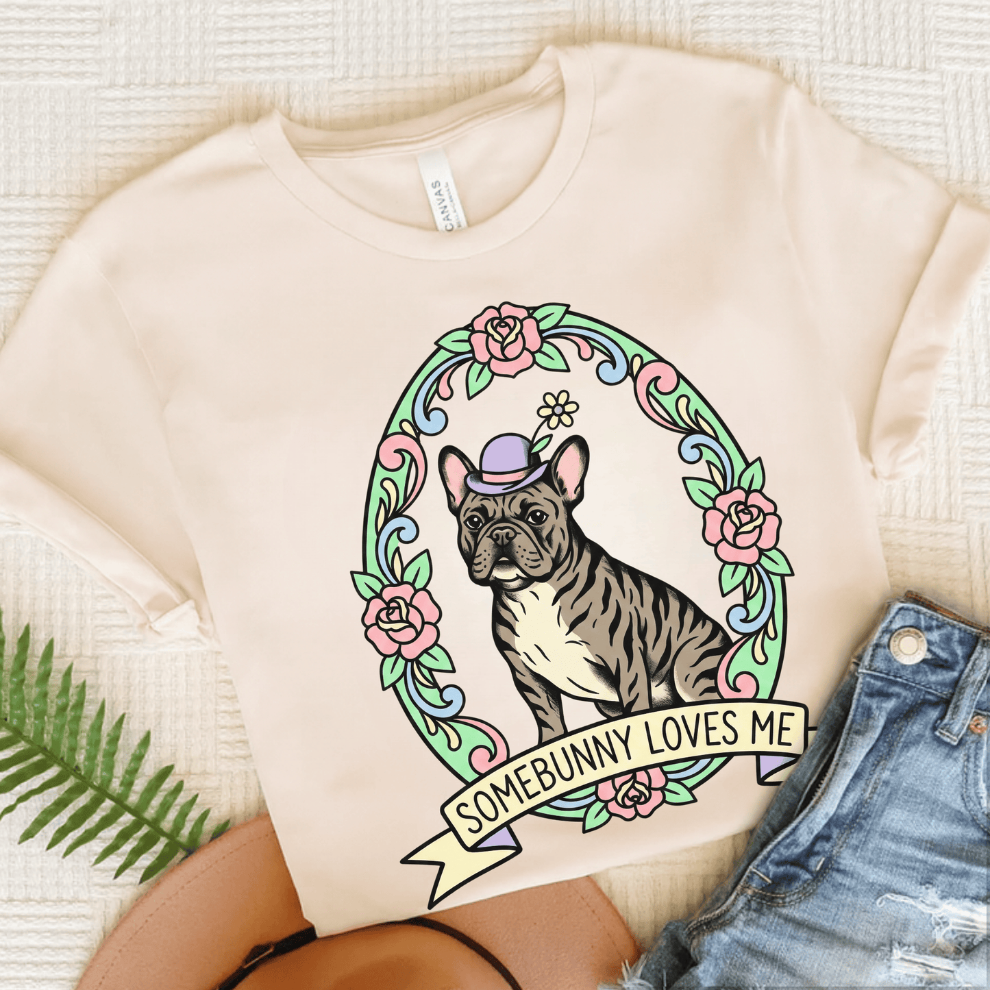 Brindle Frenchie Somebunny Easter Unisex TShirt Natural