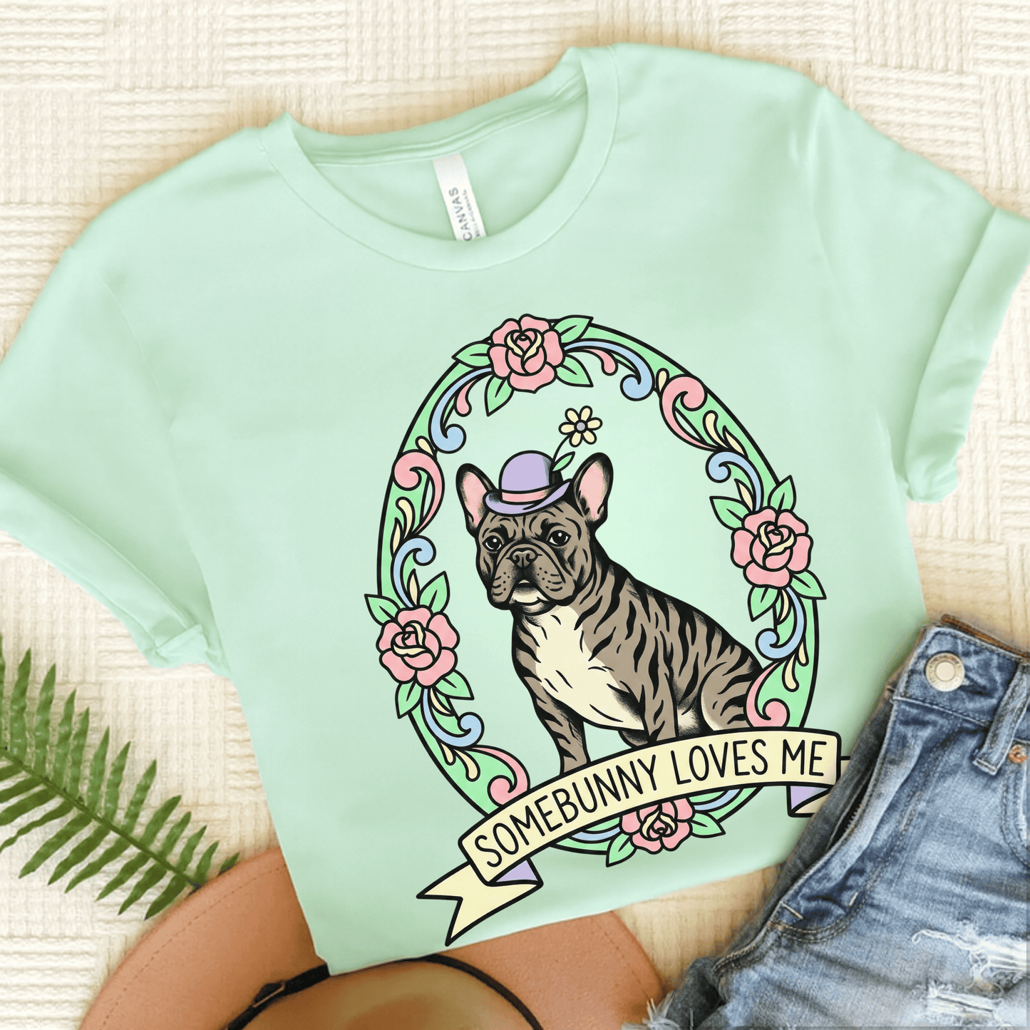 Brindle Frenchie Somebunny Easter Unisex TShirt Heather Mint