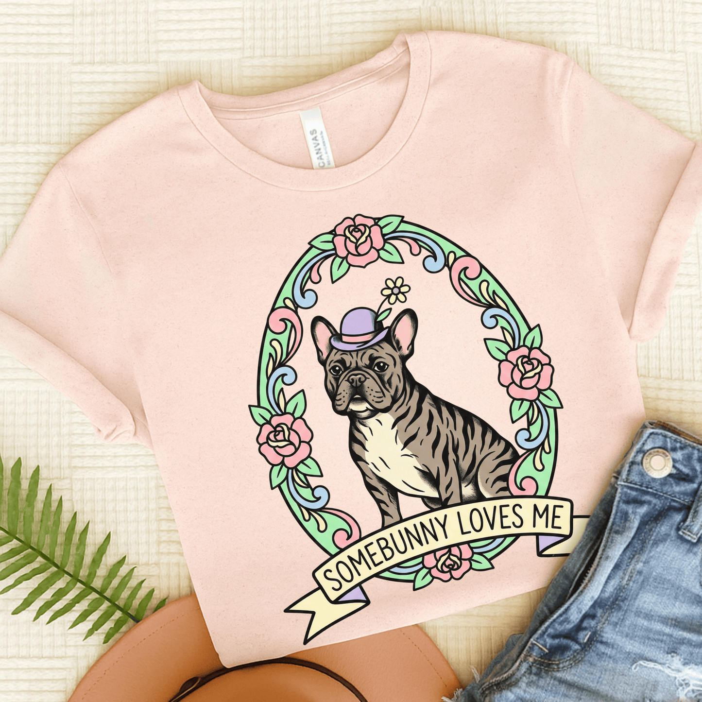 Brindle Frenchie Somebunny Easter Unisex TShirt Soft Pink