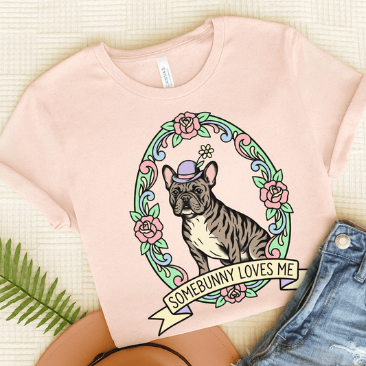 Brindle Frenchie Somebunny Easter Unisex TShirt Soft Pink