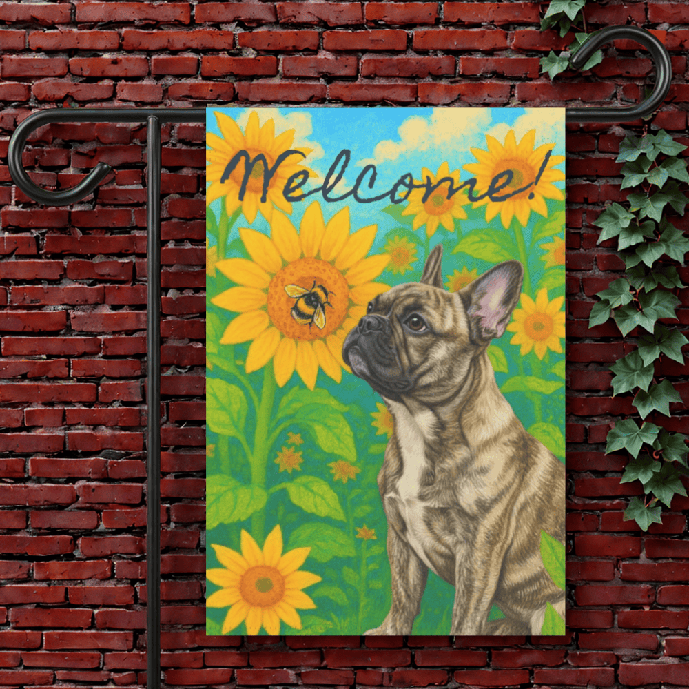 Brindle Frenchie Sunflower Summer Garden Flag 12'' × 18''