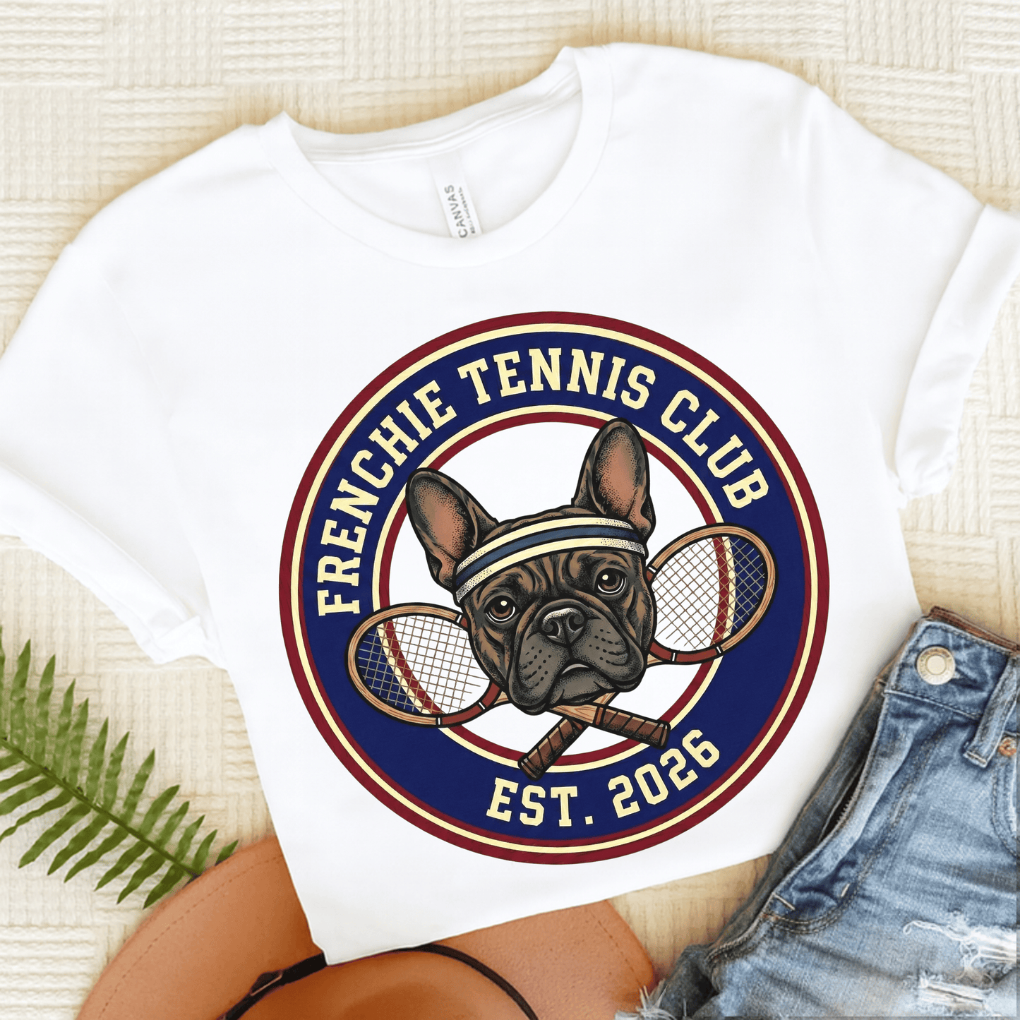 Brindle Frenchie Tennis Club Unisex TShirt White