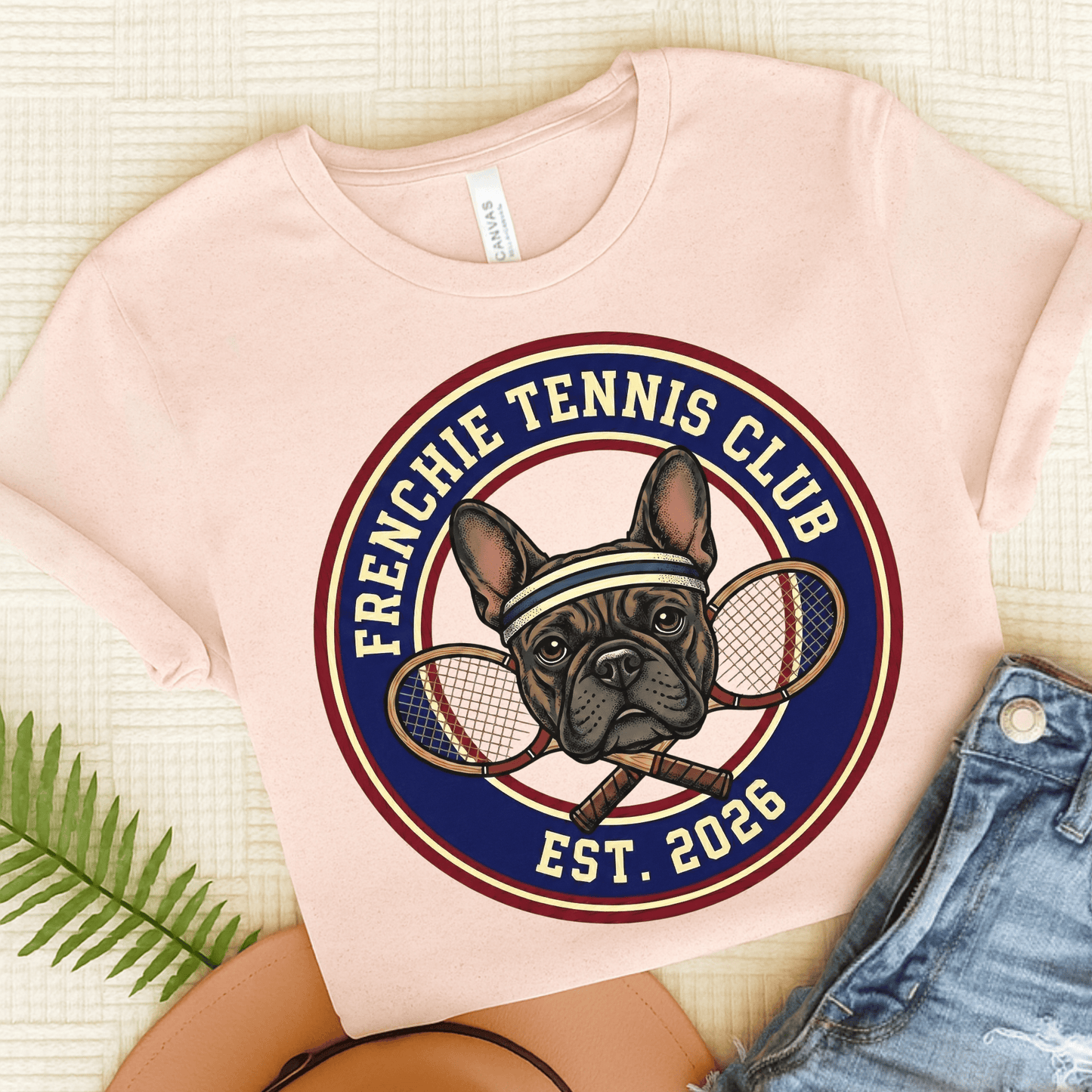 Brindle Frenchie Tennis Club Unisex TShirt Soft Pink