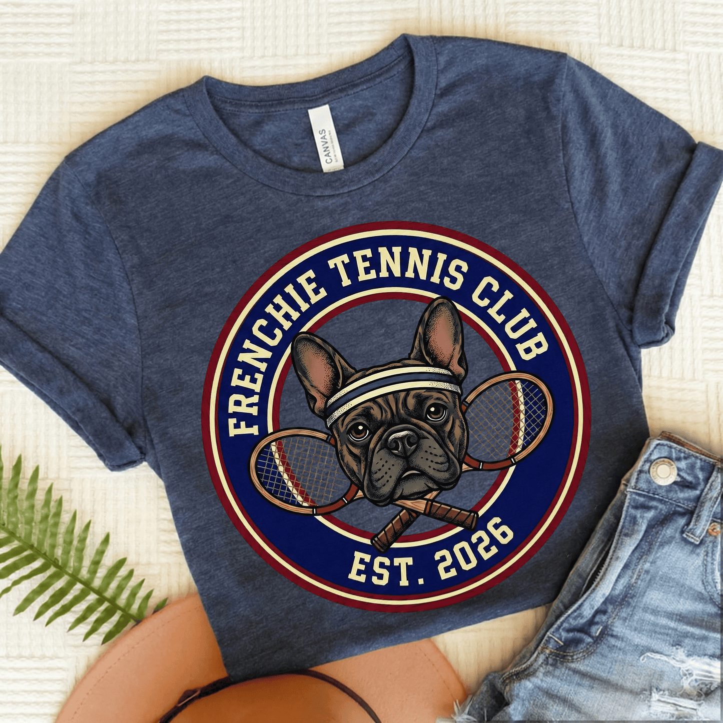 Brindle Frenchie Tennis Club Unisex TShirt Heather Navy