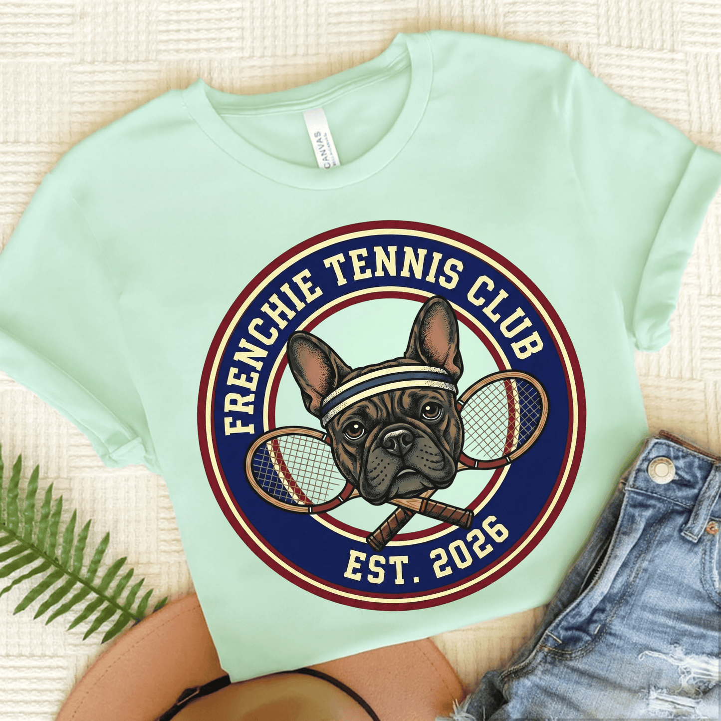 Brindle Frenchie Tennis Club Unisex TShirt Heather Mint