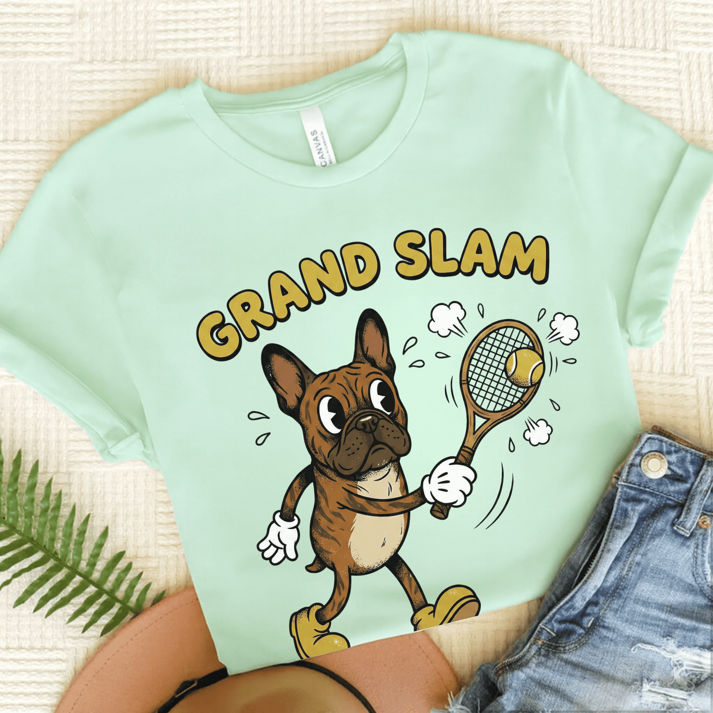 Brindle Frenchie Tennis Grand Slam Unisex TShirt Heather Mint