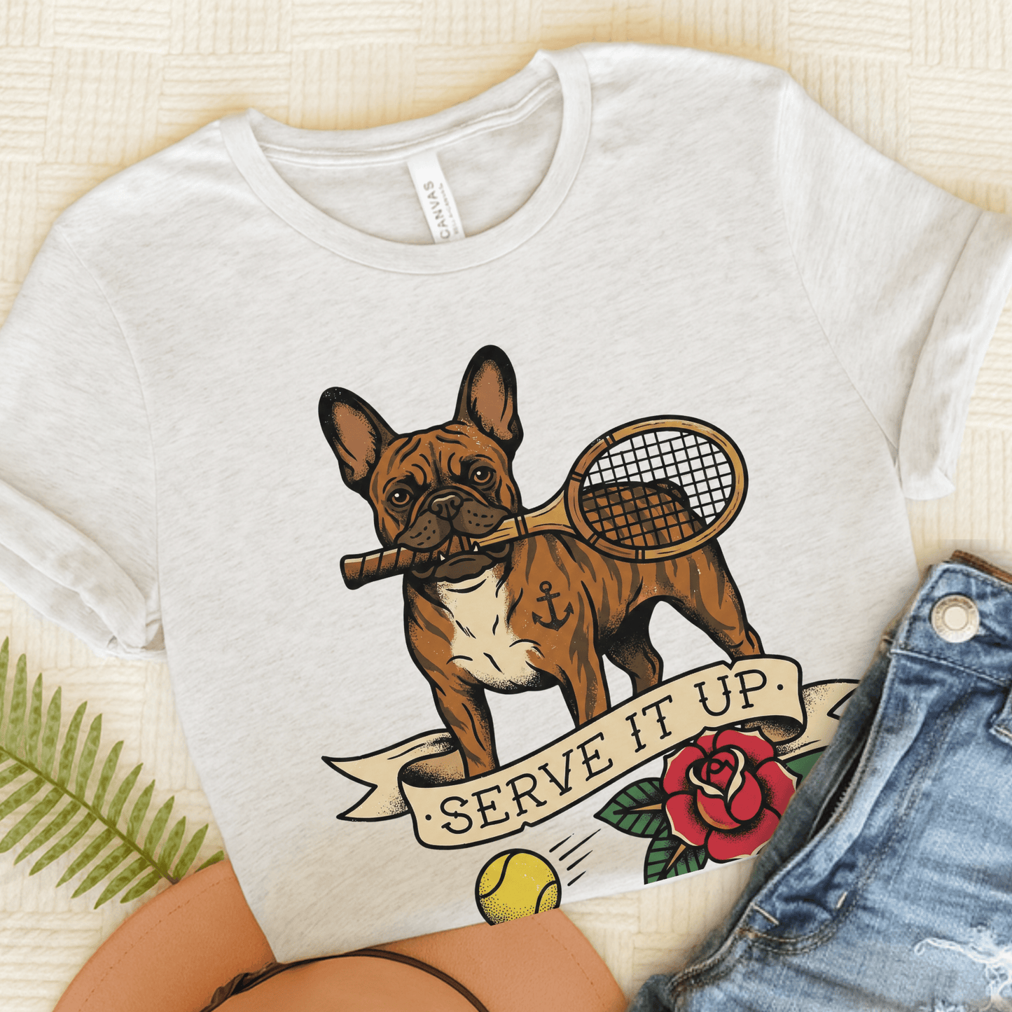 Brindle Frenchie Tennis Serve It Up Unisex TShirt Ash