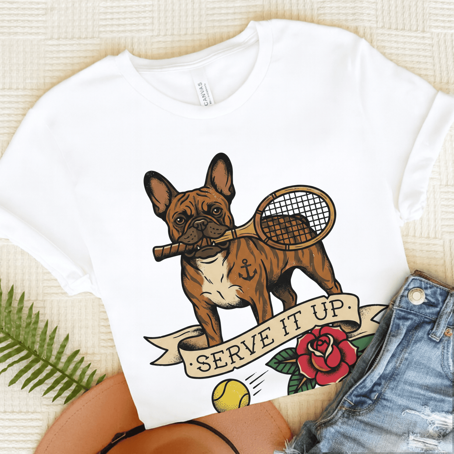 Brindle Frenchie Tennis Serve It Up Unisex TShirt White