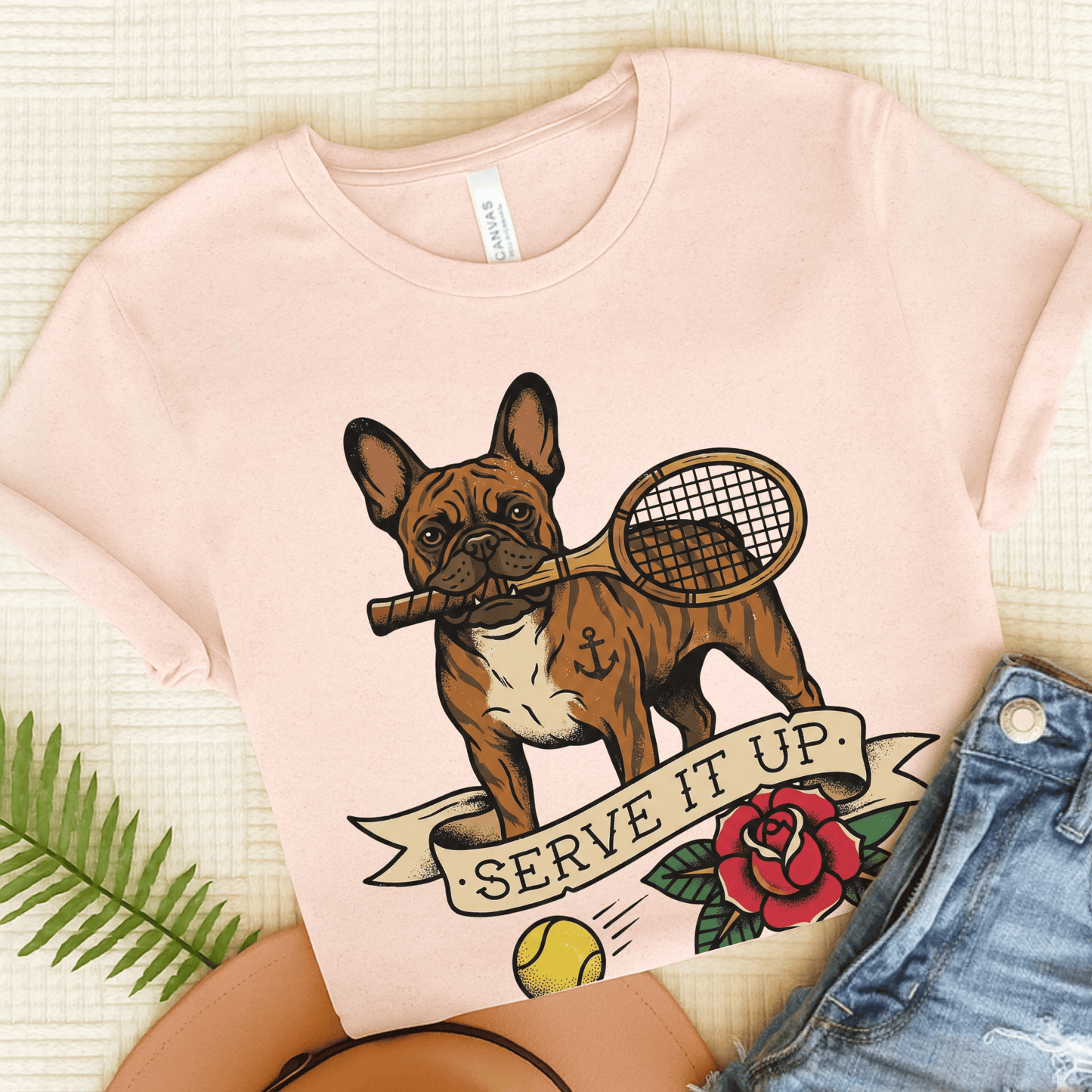 Brindle Frenchie Tennis Serve It Up Unisex TShirt Soft Pink