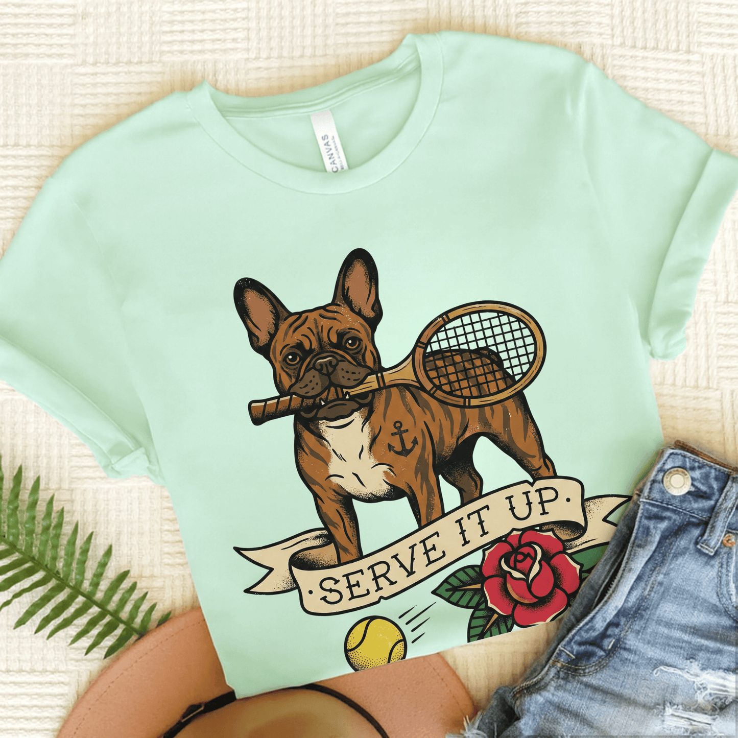 Brindle Frenchie Tennis Serve It Up Unisex TShirt Heather Mint